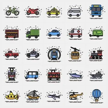 Icon set of transportations. Transportation elements. Icons in MBE style. G.. Illustrazione stock