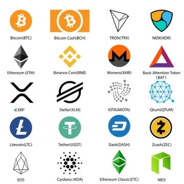 Icon set of twenty most recognizable crypto coins with a signed name for each Stock Illustration