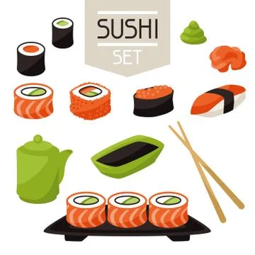 Icon set of various sushi. Stock Illustration
