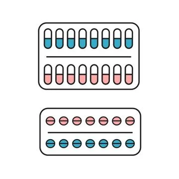 Icon set of vector pills and capsules in blisters Illustrazione stock