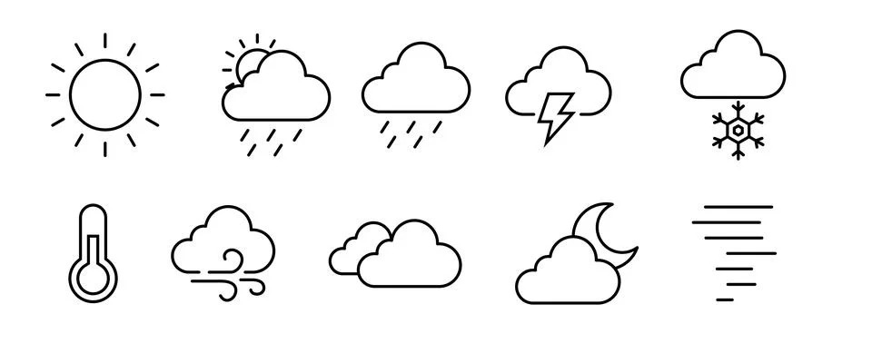 Icon Set of weather forecast - vector thin line icon collection on white Stock Illustration