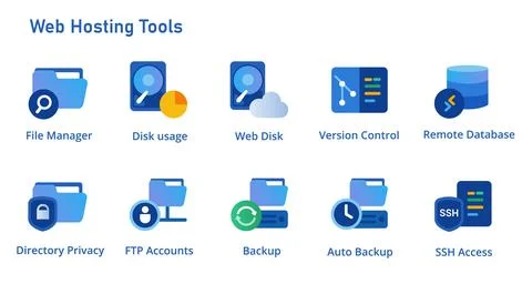 Icon set of web hosting panel tools from disk usage file folder manager Stock Illustration