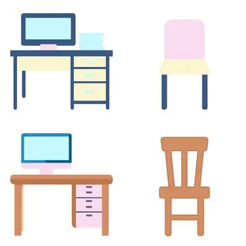 Icon set working place desk and chair with computer elevation furniture Stock Illustration