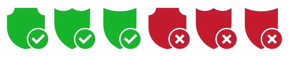 Icon shield green check mark and red cross. Stock Illustration
