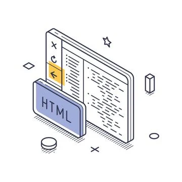 Icon showcases web development features, including HTML coding elements and u Stock Illustration