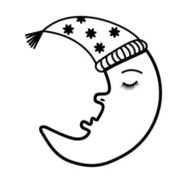 Icon of a sleeping Crescent moon in a new year cap. Black and white vector im Ilustração Stock