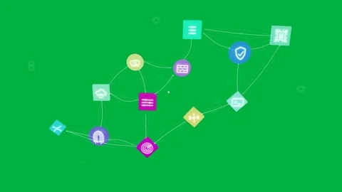 On icon spawn, icons forming network, connectors stretching, visualizing Stock Footage 334727056