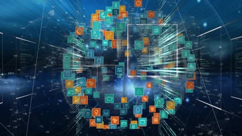 Icon sphere rotating and pulsing in data space, scan frame sliding and pulling Stock Footage 332296014