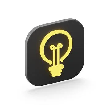 The icon is a stylized flat yellow light bulb, a black square button. 3D rend Illustrazione stock