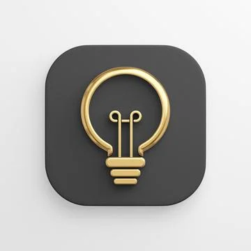 Icon stylized gold light bulb linear outline, black square button. 3D rende.. Stock Illustration