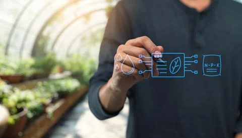 An icon symbol for a data driven smart farm, depicting a farm with crops an.. Stock Photos