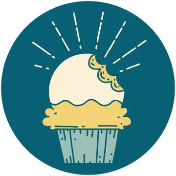Icon of tattoo style cupcake with missing bite Stock Illustration