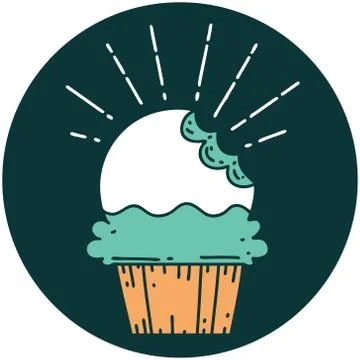 Icon of tattoo style cupcake with missing bite Stock Illustration