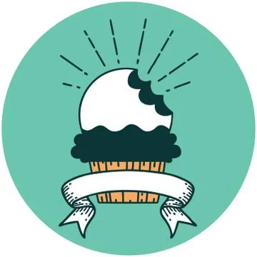 Icon of tattoo style cupcake with missing bite Stock Illustration
