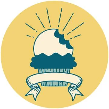 Icon of tattoo style cupcake with missing bite Illustrazione stock