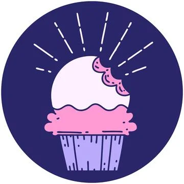 Icon of a tattoo style cupcake with missing bite in bright neon color Stock Illustration