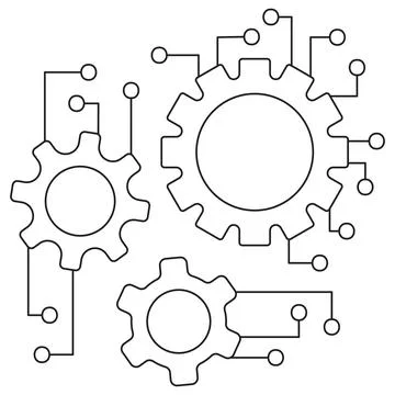 Icon of three interconnected gears with circuit connections Stock Illustration