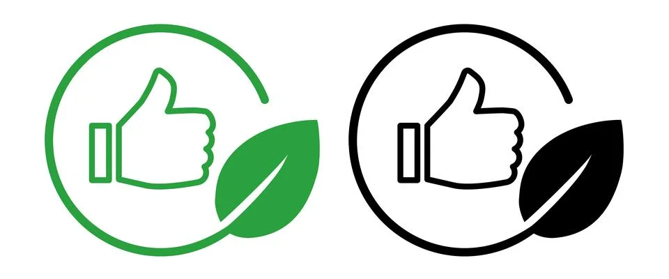 Icon thumbs up gesture within circular frame paired with green leaf Stock Illustration