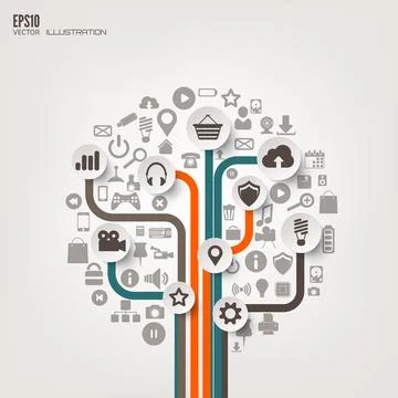 Icon tree. Flat abstract background with web icons. Interface symbols. Cloud Illustrazione stock