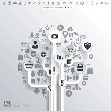 Icon tree. Flat abstract background with web icons. Interface symbols. Cloud Illustrazione stock