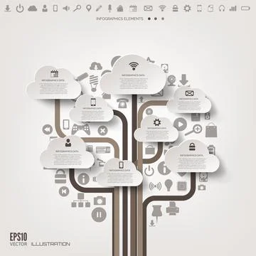 Icon tree. Flat abstract background with web icons. Interface symbols. Cloud 스톡 일러스트