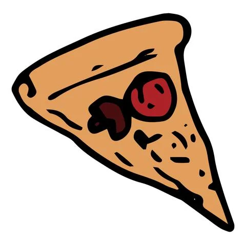 The icon of a triangular slice of pizza. a drawing of a slice of pizza with Stock Illustration