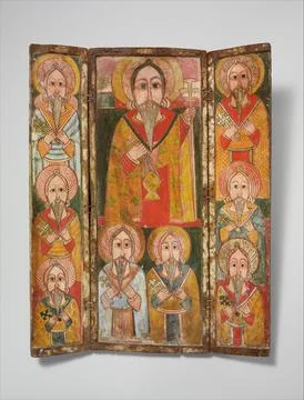 Icon Triptych: Ewostatewos and Eight of His Disciples late 17th century Amh.. 스톡 사진