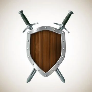 Icon Two sword and shield. Heraldic sign. Coat of arms. 스톡 일러스트