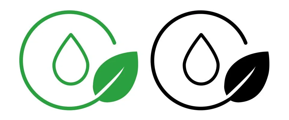 Icon water drop within a circular frame with a green leaf, symbolizing Stock Illustration