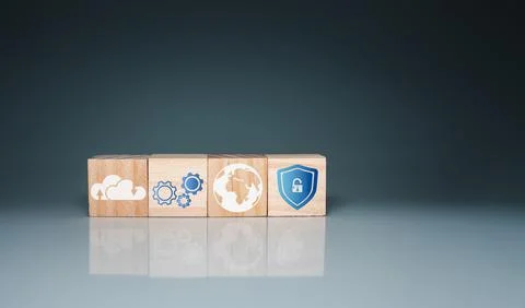 Icon on a wooden cube Represents data theft protection Security in business. Stock Photos