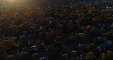 Iconic 4K aerial of a typical, leafy American suburb neighborhood in autumn Stock Footage 121682157