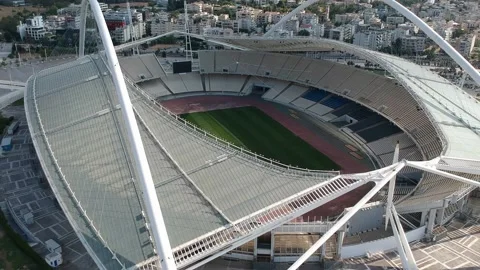 Iconic aerial view over the Olympic stadium OAKA in Athens, Greece Stock Footage 160983146