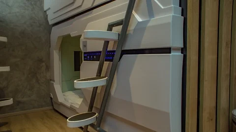 Iconic and modernly designed capsule room for resting, Ljubljana Stock Footage 122919761