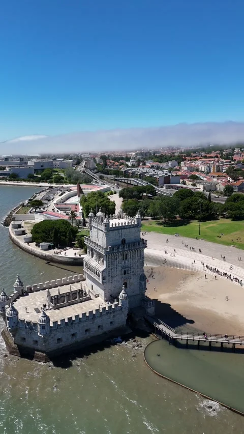Iconic Belem Tower Lisbon – Cinematic Vertical Aerial Stock Footage 333673771