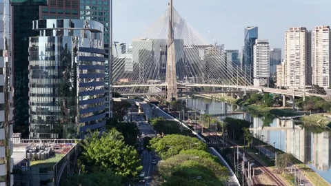 Iconic Bridge. Downtown Cityscape. Traffic Road. Bridge Landscape. Stock Footage 336512615