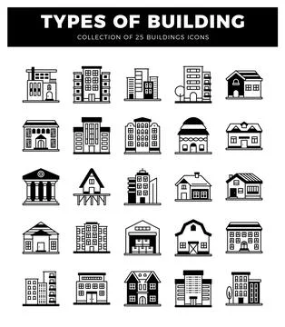 Iconic building types collection with diverse architectural styles and mode.. Ilustración de archivo