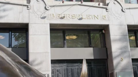 Iconic bull statue in front of the Amsterdam Stock Exchange (AEX) building Stock Footage 315660620