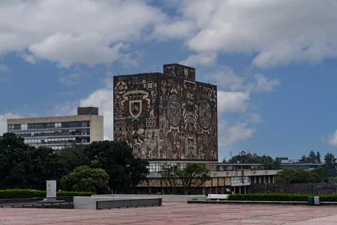 Iconic Campus: Rectory Tower and Central Library at UNAM Ciudad Universitaria Stock Photos