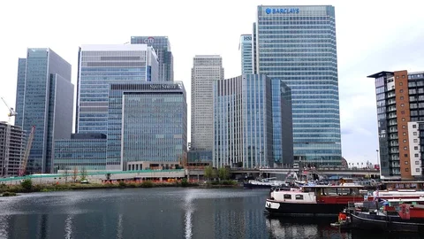 Iconic Canary Wharf skyscraper complex and business district, London, UK Stock Footage 112976687