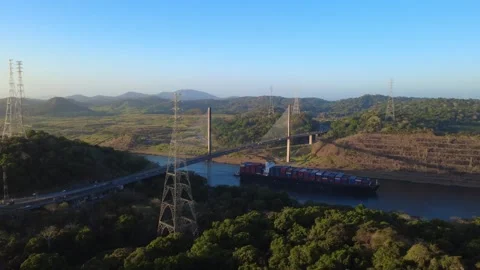Iconic Centennial Bridge over the Panama Canal.  view of a large cable-stayed br Stock Footage 330736491