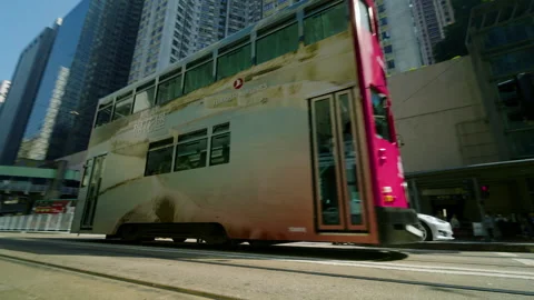 Iconic Double-decker Ding Ding Tram Across The Street In Hong Kong. Tracking Stock Footage 336435378