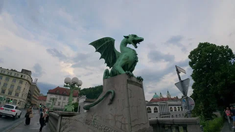 Iconic Dragon Bridge Statue with its famous dragon symbol of Ljubljana Stock Footage 346163147