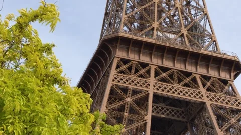 Iconic Eiffel Tower Iron Structure Framed by Lush Green Foliage in Paris Stock Footage 334829104