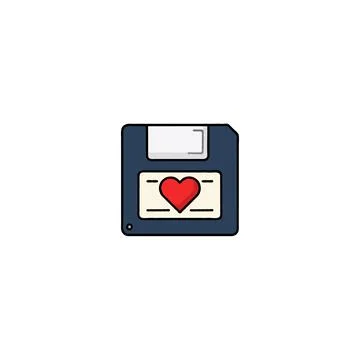 Iconic floppy disk symbol with a red heart representing data love and digit.. Illustrazione stock