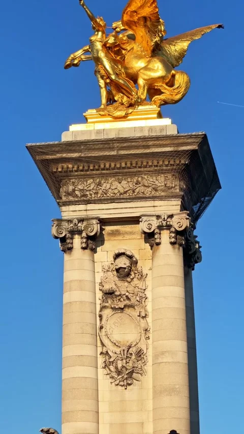 The iconic Golden Statue on Column on Pont Alexandre III, Paris Stock Footage 340600567