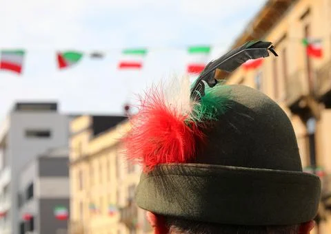 Iconic hat of the troops called Alpini of the Italian army with the green w.. Stock Photos