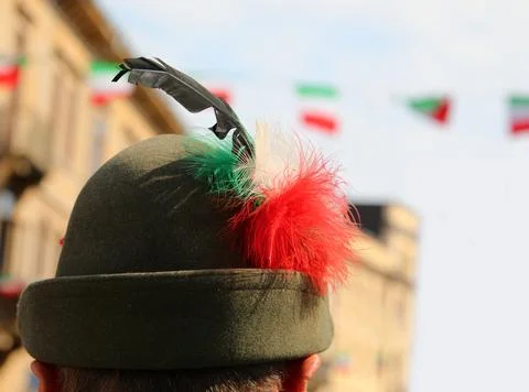 Iconic hat of the troops called Alpini of the Italian army with the green w.. Stock Photos