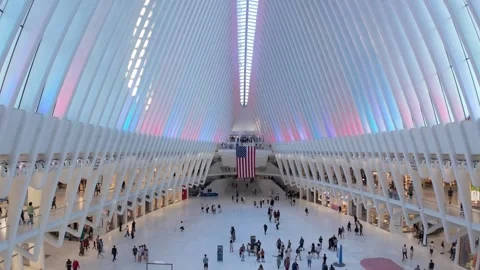 Iconic interior of the Oculus transportation hub, New York City, USA. Static Video stock 315630749