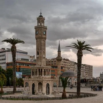 Iconic Izmir Clock Tower and Konak Yali Mosque in Konak Square, Izmir, Turkey Stock Photos