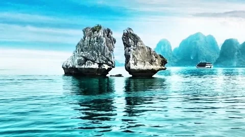 Iconic Limestone Karsts in Turquoise Water of Ha Long Bay Stock Footage 332908200